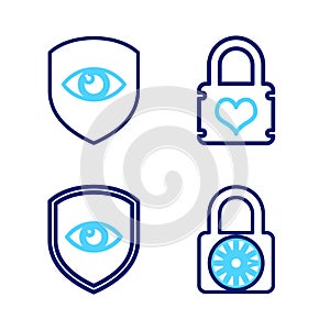 Set line Safe combination lock wheel, Shield and eye, Padlock with heart and icon. Vector