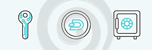 Set line Safe, Cryptocurrency key and coin Dash icon. Vector