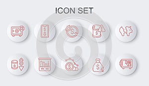 Set line Safe, Drop in crude oil price, Dollar rate decrease, Money bag, Mobile stock trading, Pie chart infographic and