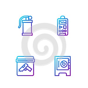 Set line Safe, Evidence bag with gun, Hand smoke grenade and Dictaphone. Gradient color icons. Vector