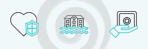 Set line Safe in hand, Life insurance with shield and House flood icon. Vector