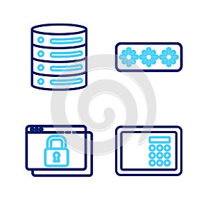 Set line Safe, Secure your site with HTTPS, SSL, Password protection and Server, Data, Web Hosting icon. Vector