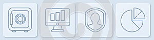Set line Safe, User protection, Monitor with graph chart and Pie chart infographic. White square button. Vector