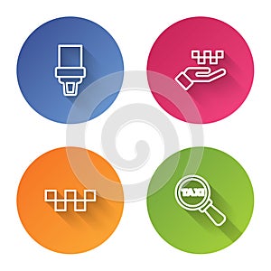 Set line Safety belt, Hand with taxi, Taxi car roof and Magnifying glass. Color circle button. Vector