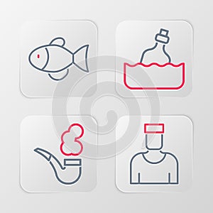 Set line Sailor captain, Smoking pipe, Bottle with message water and Fish icon. Vector