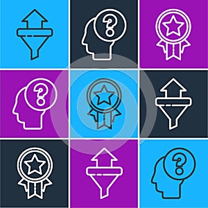 Set line Sales funnel with arrows, Medal with star and Human head with question mark icon. Vector