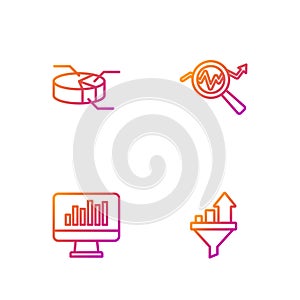 Set line Sales funnel with chart, Monitor graph, Pie infographic and Search data analysis. Gradient color icons. Vector