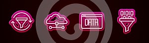 Set line Sales funnel with chart, Network cloud connection, Data analysis and Binary code. Glowing neon icon. Vector