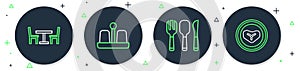 Set line Salt and pepper, Fork, spoon knife, Wooden table with chair and Steak meat plate icon. Vector