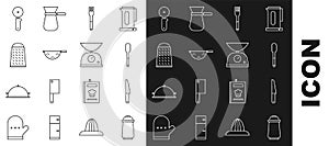 Set line Salt and pepper, Knife, Spoon, Fork, Kitchen colander, Grater, Pizza knife and Scales icon. Vector