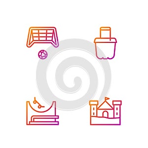 Set line Sand castle, Skate park, Soccer goal with ball and in bucket. Gradient color icons. Vector