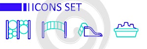 Set line Sandbox with sand, Slide playground, Playground kids bridge and climbing equipment icon. Vector