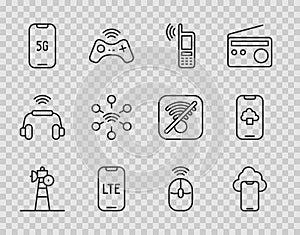 Set line Satellite dish, Cloud technology data, Mobile with wi-fi wireless, LTE network, 5G, Network, Wireless computer