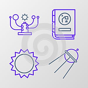 Set line Satellite, Sun, Book by astronomy and Solar system icon. Vector