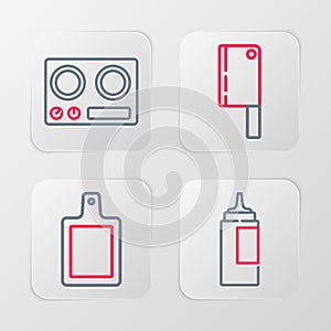 Set line Sauce bottle, Cutting board, Meat chopper and Gas stove icon. Vector