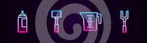 Set line Sauce bottle, Kitchen hammer, Measuring cup and Barbecue fork. Glowing neon icon. Vector