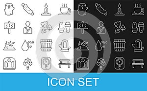 Set line Sauna wood bench, mitten, slippers, Burning candle, Man the sauna, Wooden log and Oak leaf icon. Vector