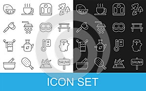 Set line Sauna, Wooden log, wood bench, Bathroom scales, Shower, axe, Lemon and Bar of soap icon. Vector