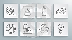 Set line Say no to plastic bags poster, Recycle bin with recycle symbol, Factory, Light bulb lightning, Plastic bottle