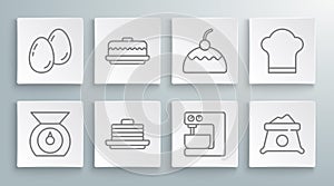 Set line Scales, Cake, Stack of pancakes, Electric mixer, Bag flour, Chef hat and Easter eggs icon. Vector