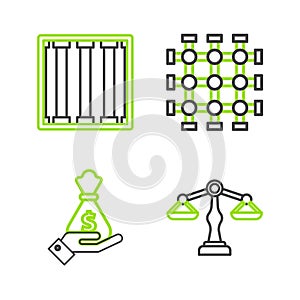 Set line Scales of justice, Hand holding money bag, Prison window and icon. Vector