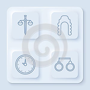Set line Scales of justice, Judge wig, Clock and Handcuffs. White square button. Vector