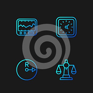 Set line Scales of justice, Radius, Measuring instrument and Clock. Gradient color icons. Vector