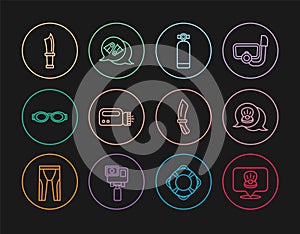 Set line Scallop sea shell, Aqualung, Flashlight for diver, Glasses swimming, Diving knife, and Flippers icon. Vector