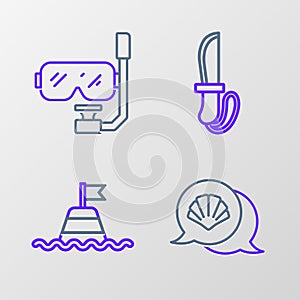 Set line Scallop sea shell, Floating buoy on the, Knife and Diving mask and snorkel icon. Vector