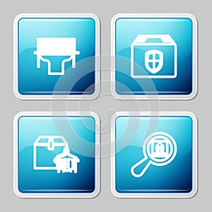 Set line Scanner scanning bar code, Delivery box security shield, Plane and cardboard and Search package icon. Vector