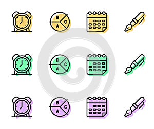 Set line School timetable, Alarm clock, Pie chart infographic and Fountain pen nib icon. Vector