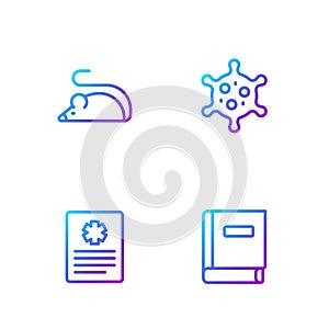 Set line Science book, Patient record, Experimental mouse and Virus. Gradient color icons. Vector