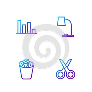 Set line Scissors, Full trash can, Pie chart infographic and Table lamp. Gradient color icons. Vector