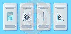 Set line Scissors, Pen, Calculator and Triangular ruler icon. Vector