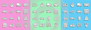 Set line Scooter, Cruise ship, Delivery cargo truck, Rafting boat, Car, Train and railway and icon. Vector