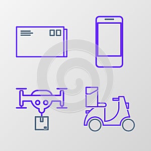 Set line Scooter delivery, Delivery drone with the package, Mobile phone app tracking and Envelope icon. Vector