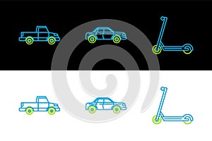 Set line Scooter, Pickup truck and Sedan car icon. Vector
