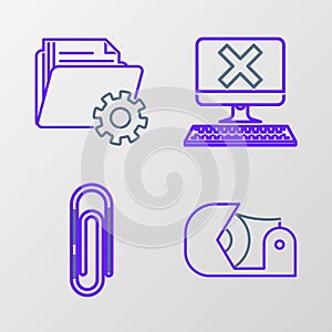 Set line Scotch, Paper clip, Computer with keyboard and x mark and Folder settings gears icon. Vector