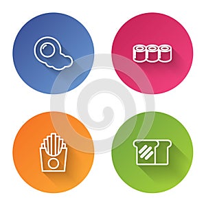 Set line Scrambled eggs, Sushi, Potatoes french fries in box and Bread toast. Color circle button. Vector