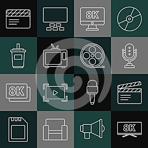 Set line Screen tv with 8k, Movie clapper, Microphone, Monitor, Retro, Paper glass water, and Film reel icon. Vector