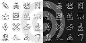 Set line Scythe, Witch, Halloween witch cauldron, Cat, Pumpkin, Candy and Owl bird icon. Vector