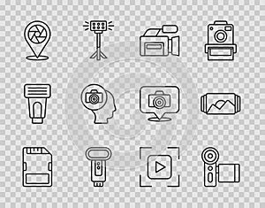 Set line SD card, Cinema camera, Photo flash, Camera shutter, focus frame line and icon. Vector