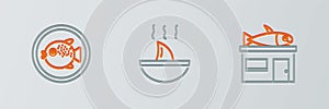 Set line Seafood store, Puffer fish on plate and Shark fin soup icon. Vector