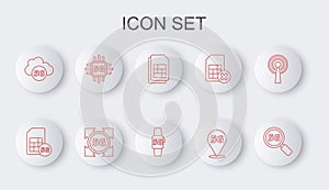 Set line Search 5G network, Sim Card, card, Location, Cloud, Processor, and Smart watch icon. Vector