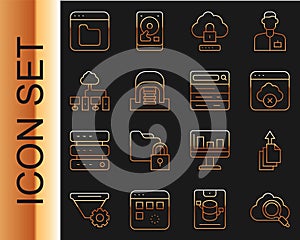 Set line Search cloud computing, Data export, Failed access storage, Cloud lock, Hangar with servers, Computer network