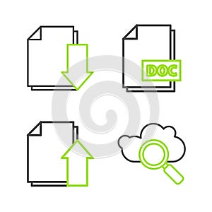 Set line Search cloud computing, Upload file document, DOC and Document with download icon. Vector