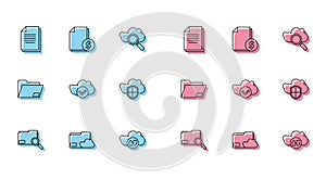 Set line Search concept with folder, Cloud storage text document, Document, download and upload, check mark, shield, and