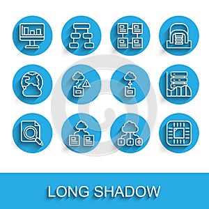 Set line Search concept with folder, Cloud technology data transfer, Monitor graph chart, Processor CPU, Server, Data