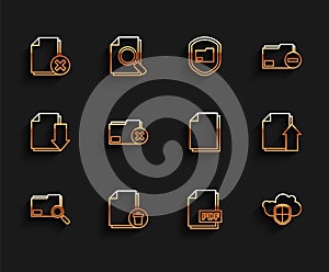 Set line Search concept with folder, Delete file document, PDF, Cloud and shield, Upload and Document icon. Vector