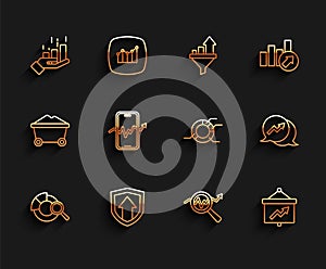 Set line Search data analysis, Financial growth, Board with graph, Mobile stock trading, and Pie chart infographic icon